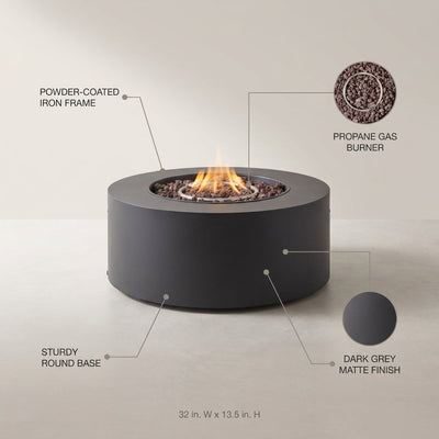 32 In. W X 13.5 In. H Iron Propane Gas Burning round Outdoor Patio Fire Pit in Dark Grey
