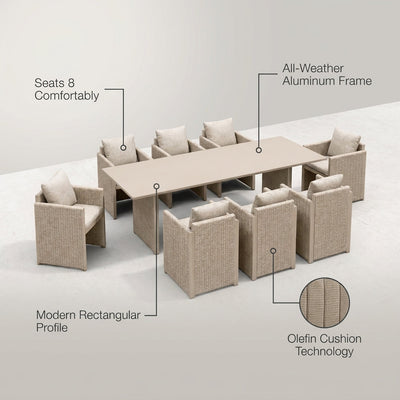 9-Piece Aluminum Outdoor Dining Set All-Weather Modern Rectangular Dining Table and Chairs with Olefin Cushions, Beige