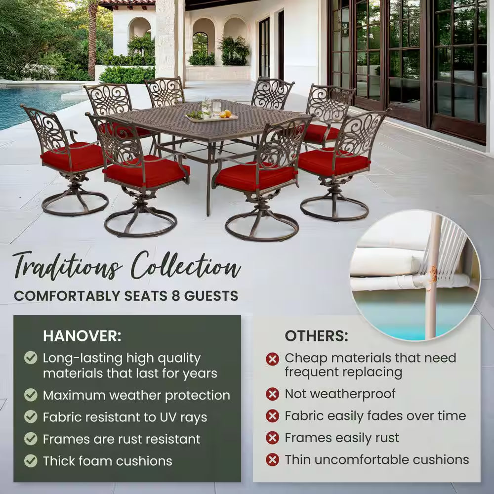Traditions 9-Piece Aluminum Outdoor Dining Set with Swivel Rockers with Red Cushions