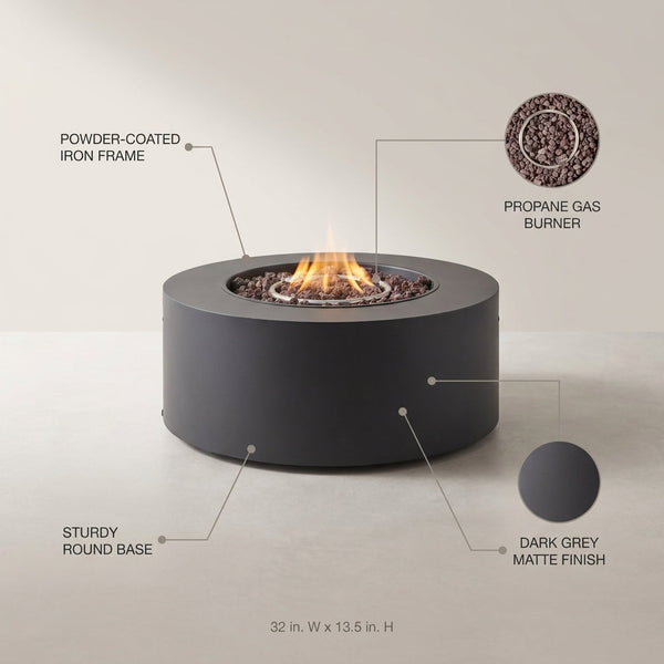 32 In. W X 13.5 In. H Iron Propane Gas Burning round Outdoor Patio Fire Pit in Dark Grey — Lifestyle