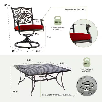 Traditions 9-Piece Aluminum Outdoor Dining Set with Swivel Rockers with Red Cushions