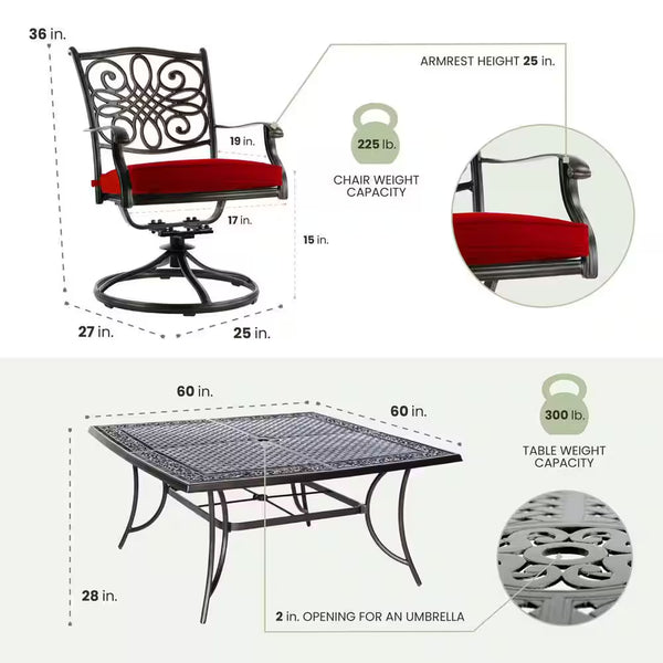 Traditions 9-Piece Aluminum Outdoor Dining Set with Swivel Rockers with Red Cushions