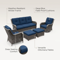 Patio Furniture Set 6-Piece Outdoor Patio Conversation Set with Blue Cushions Lawn Furniture