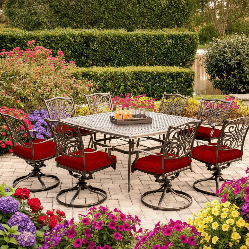 Traditions 9-Piece Aluminum Outdoor Dining Set with Swivel Rockers with Red Cushions