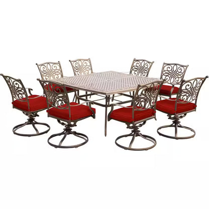 Traditions 9-Piece Aluminum Outdoor Dining Set with Swivel Rockers with Red Cushions