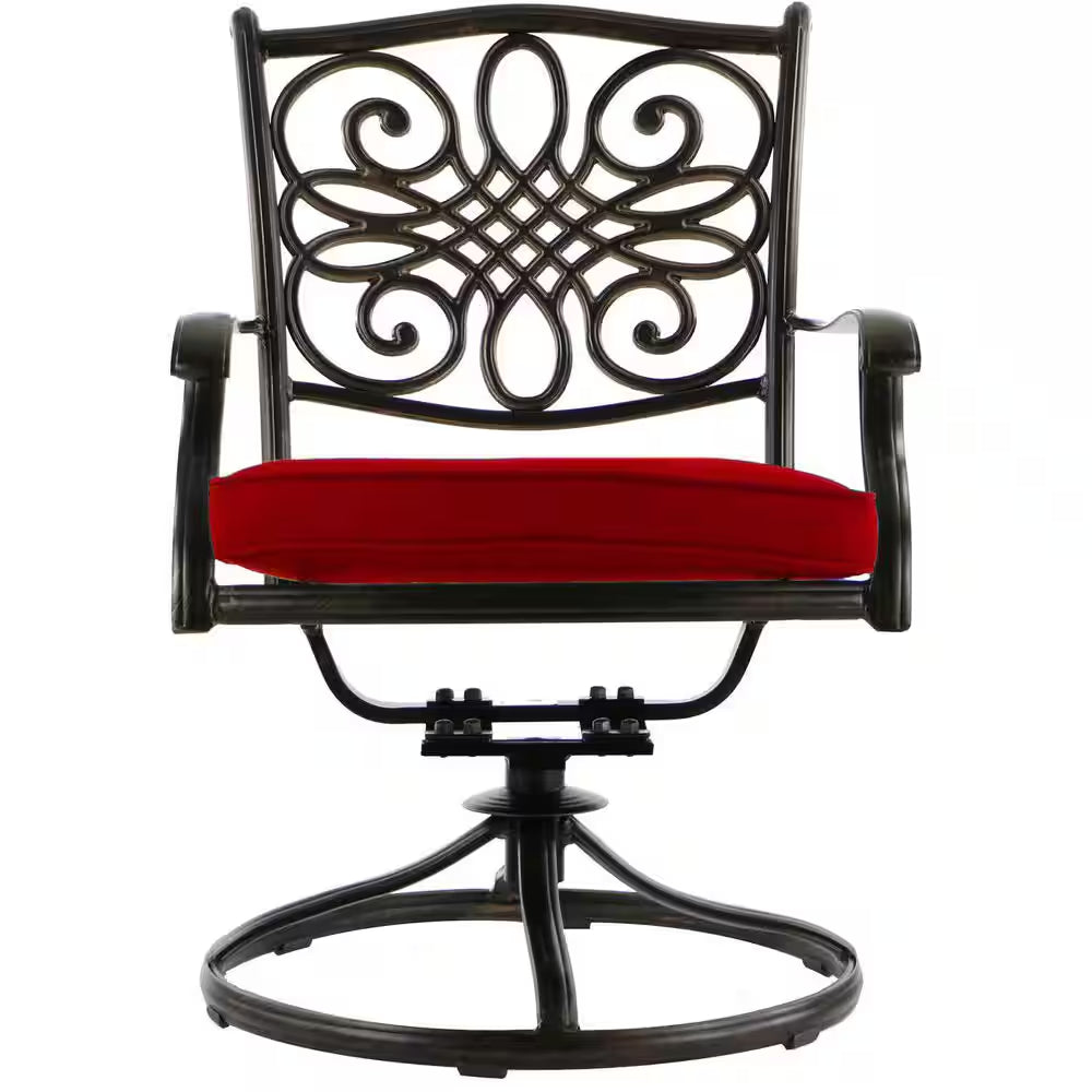 Traditions 9-Piece Aluminum Outdoor Dining Set with Swivel Rockers with Red Cushions