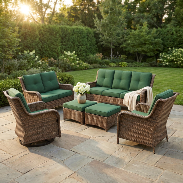 Patio Furniture Set 6-Piece Outdoor Patio Conversation Set with Green Cushions Lawn Furniture — Studio Shot