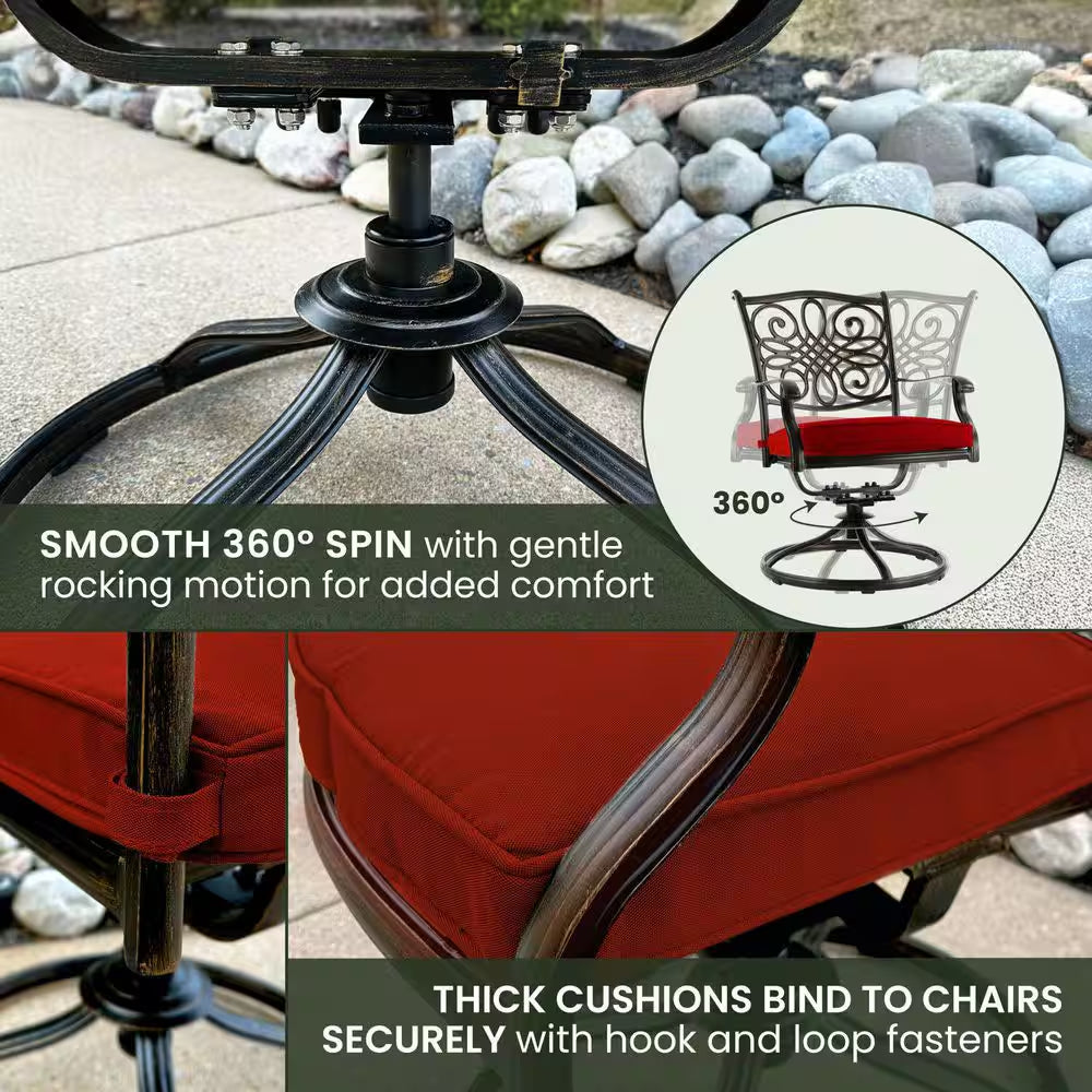 Traditions 9-Piece Aluminum Outdoor Dining Set with Swivel Rockers with Red Cushions