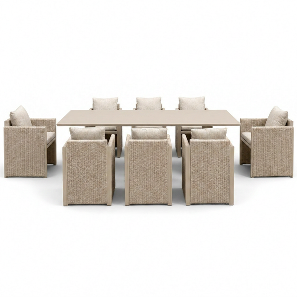 9-Piece Aluminum Outdoor Dining Set All-Weather Modern Rectangular Dining Table and Chairs with Olefin Cushions, Beige