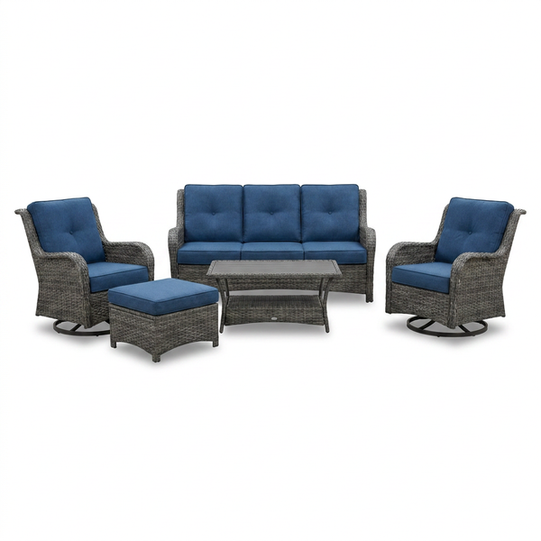 Patio Furniture Set 6-Piece Outdoor Patio Conversation Set with Blue Cushions Lawn Furniture